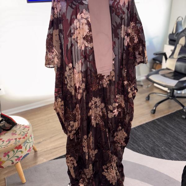 Floral Sheer Kaftan Set (Brown & Blush Tones)